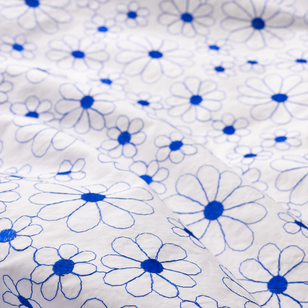 Embroidered Blue Daisies On White Cotton Lawn #28173