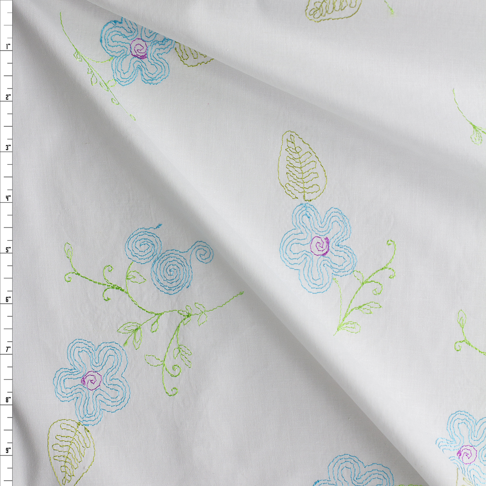 Embroidered Turquoise And Lime Whimsy Floral On White Cotton Lawn #28175 Fabric By The Yard