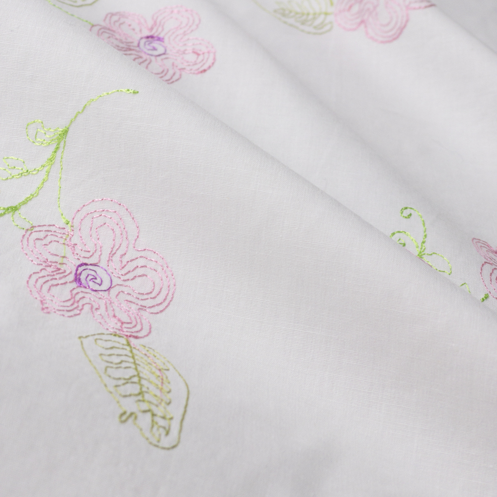 Embroidered Pink And Lime Whimsy Floral On White Lawn #28176 Fabric By The Yard - Wide shot