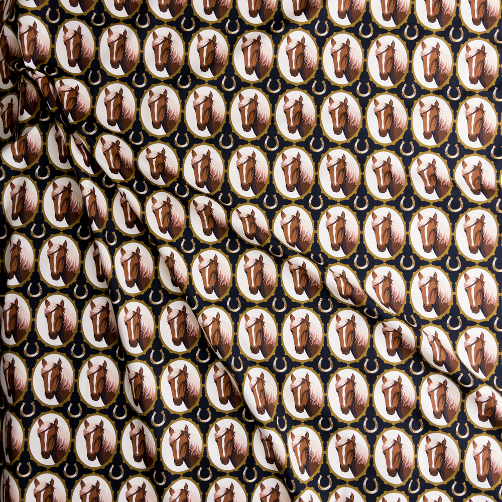 Framed Horses And Horseshoe Print Stretch Cotton Sateen #28184 Fabric By The Yard - Wide shot