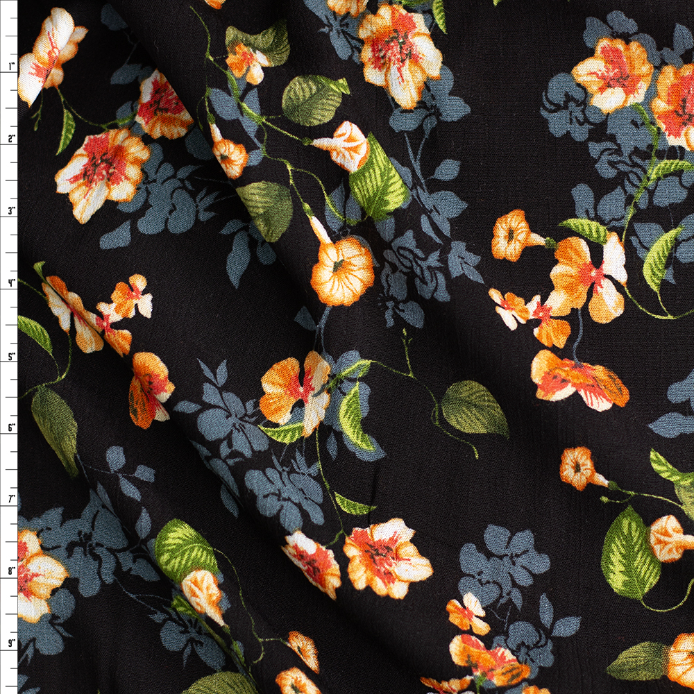 Tangerine Floral On Black Rayon Gauze #28189 Fabric By The Yard