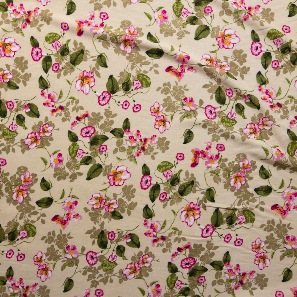 Pink Floral On Tan Rayon Gauze #28193 Fabric By The Yard - Wide shot