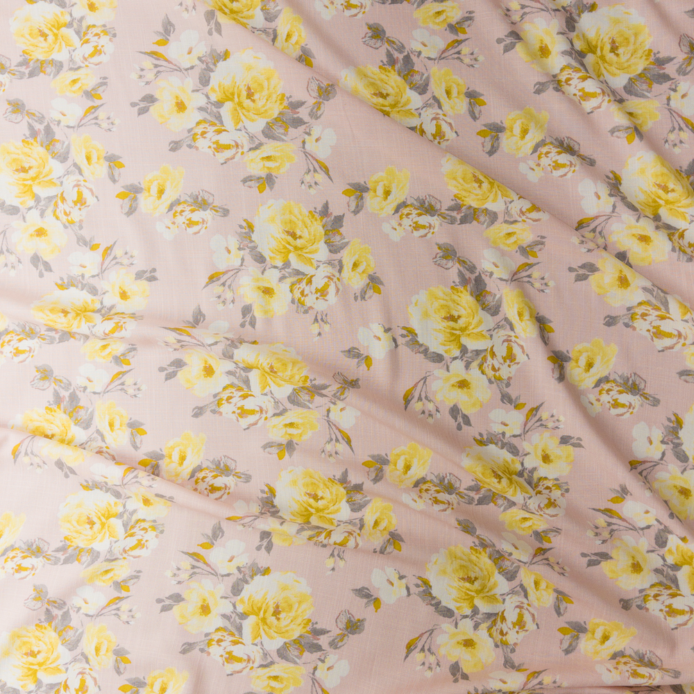 Light Yellow Rose Floral On Soft Apricot Linen Look Rayon Challis #28201 Fabric By The Yard - Wide shot