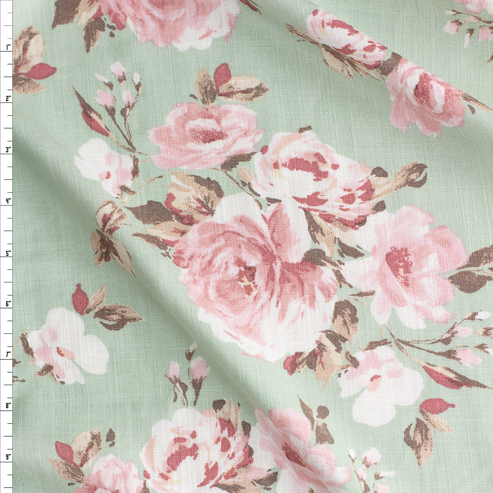 Light Pink Rose Floral On Mint Green Linen Look Rayon Challis #28202 Fabric By The Yard