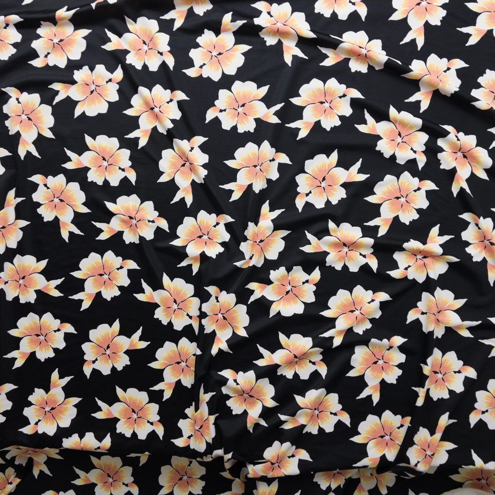 Peach Blossoms On Black Designer Nylon/Spandex #28218 Fabric By The Yard - Wide shot