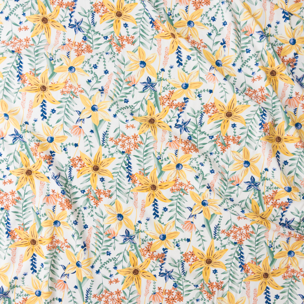 Yellow Watercolor Garden On White Rayon Challis #28226 Fabric By The Yard - Wide shot