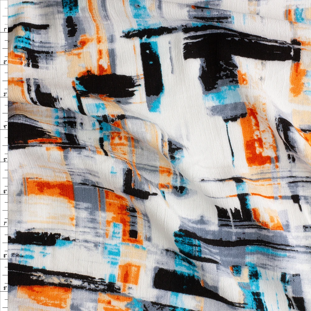 Black, Rust, Teal Abstract Strokes Rayon Gauze #28228 Fabric By The Yard