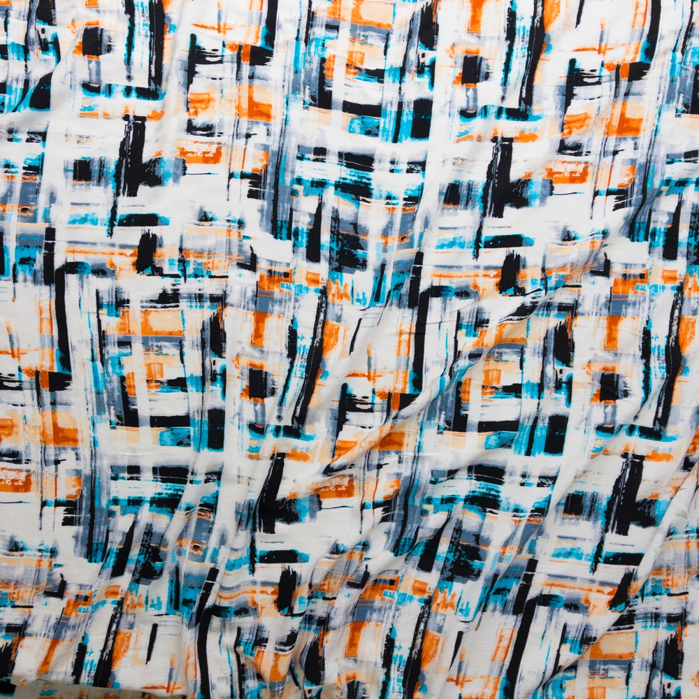 Black, Rust, Teal Abstract Strokes Rayon Gauze #28228 Fabric By The Yard - Wide shot