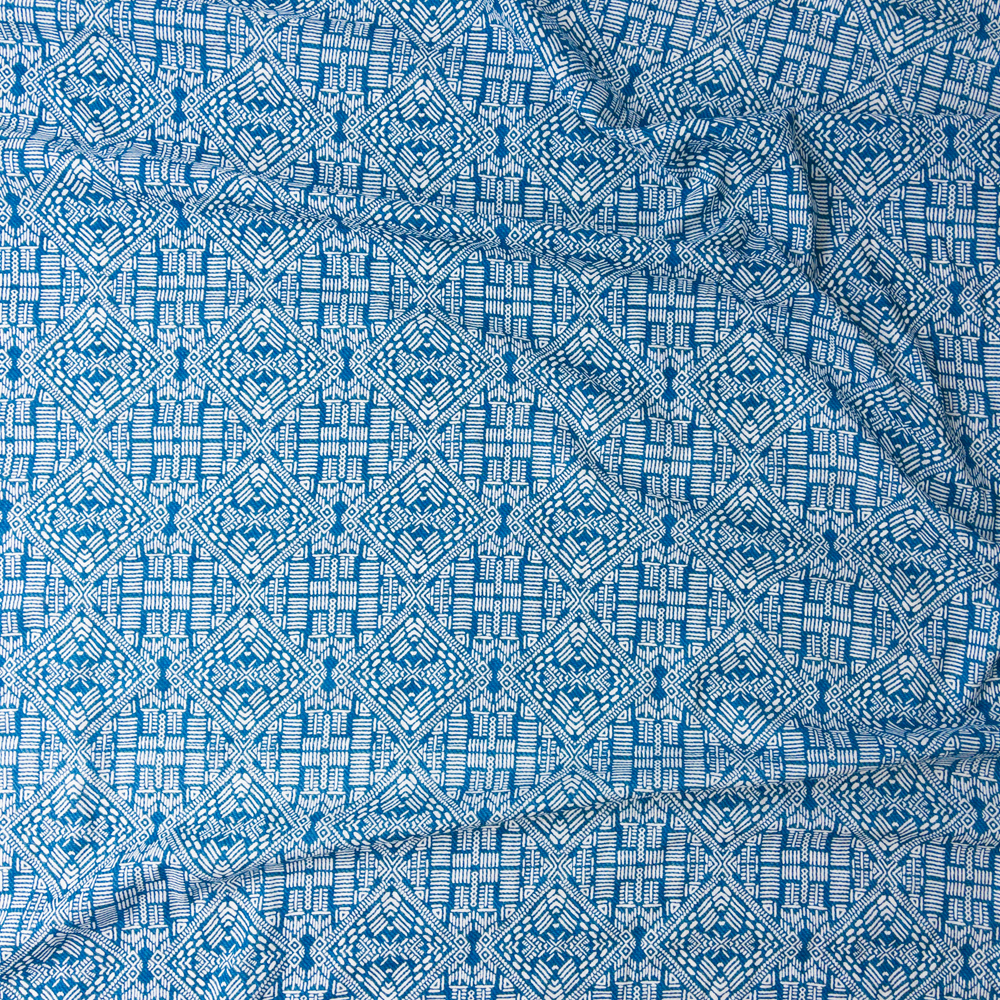 Denim Blue Diamond Dash Tribal Cotton/Rayon Lawn #28230 Fabric By The Yard - Wide shot