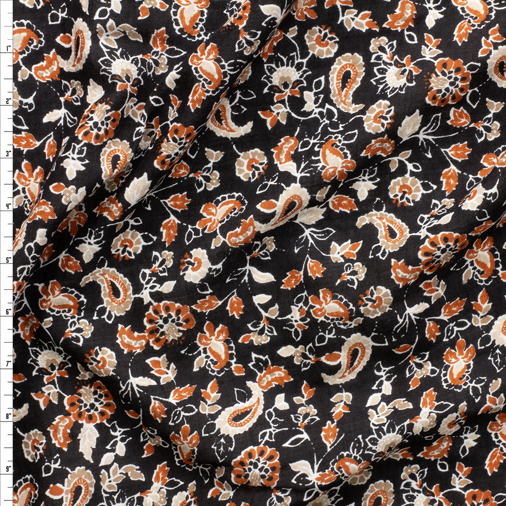 Rust And Tan Double Bordered Paisley Floral Cotton/Rayon Lawn #28231