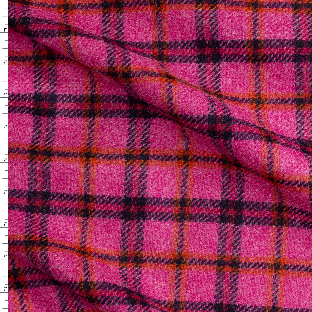 Pink And Navy Plaid English Wool Flannel Fabric By The Yard