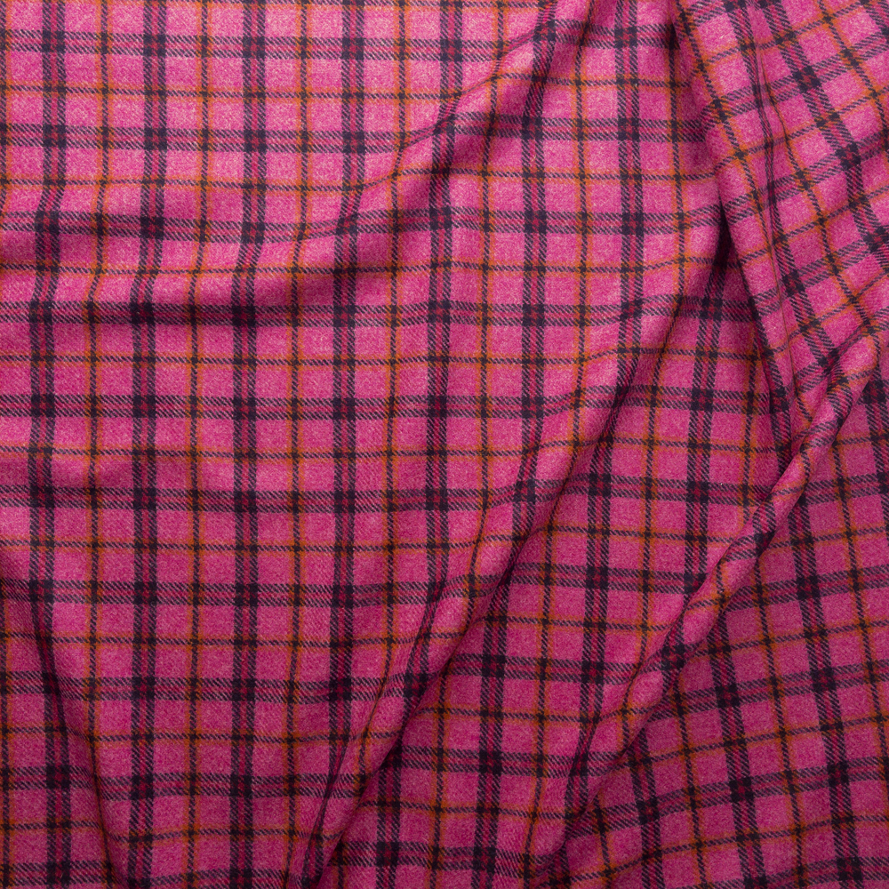 Pink And Navy Plaid English Wool Flannel Fabric By The Yard - Wide shot