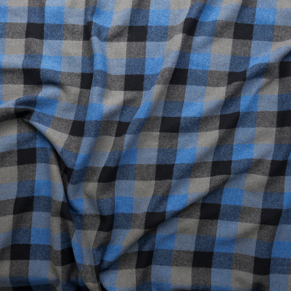 Blue, Grey, And Black Plaid Woolrich Wool Flannel Fabric By The Yard - Wide shot