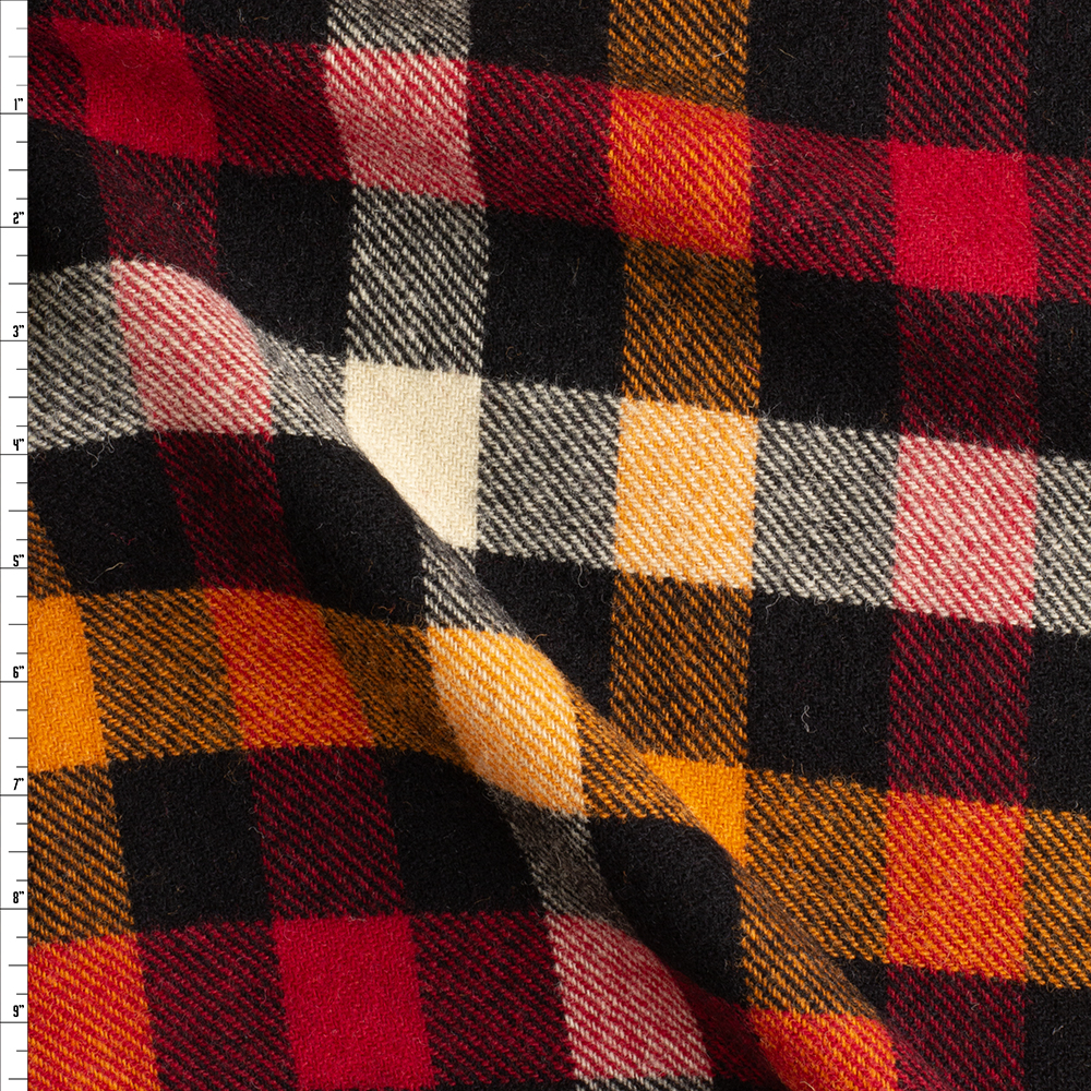 Orange, Red, Black, And Offwhite Plaid English Wool Flannel Fabric By The Yard