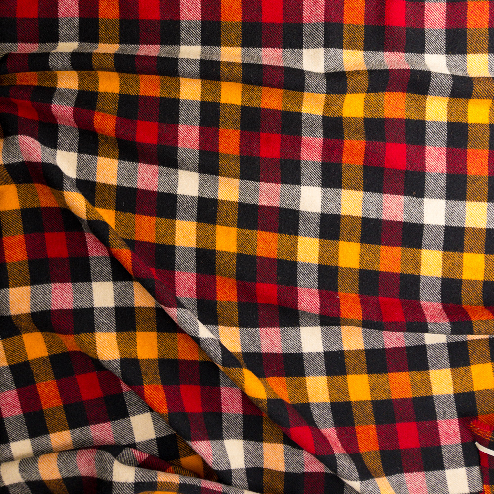 Orange, Red, Black, And Offwhite Plaid English Wool Flannel Fabric By The Yard - Wide Shot