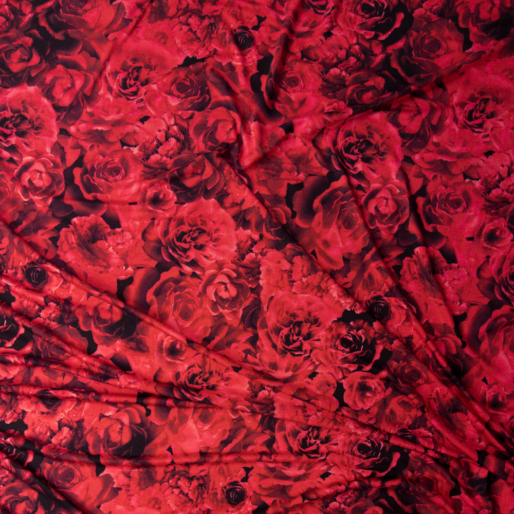 Deep Red All-Over Rose Print Designer Rayon Jersey #28289 Fabric By The Yard - Wide shot