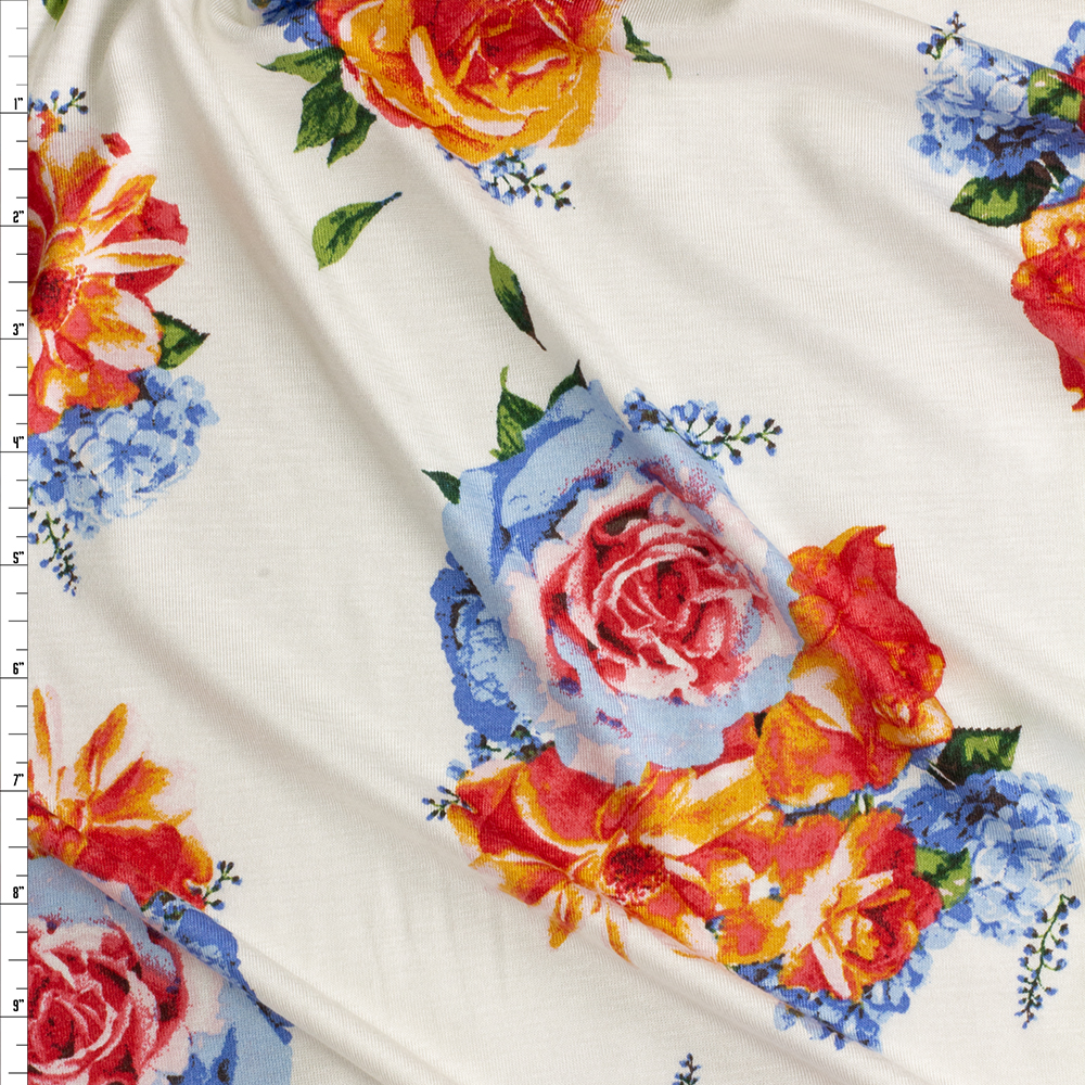 Blue And Orange Floral On Offwhite Designer Rayon Jersey #28294 Fabric By The Yard