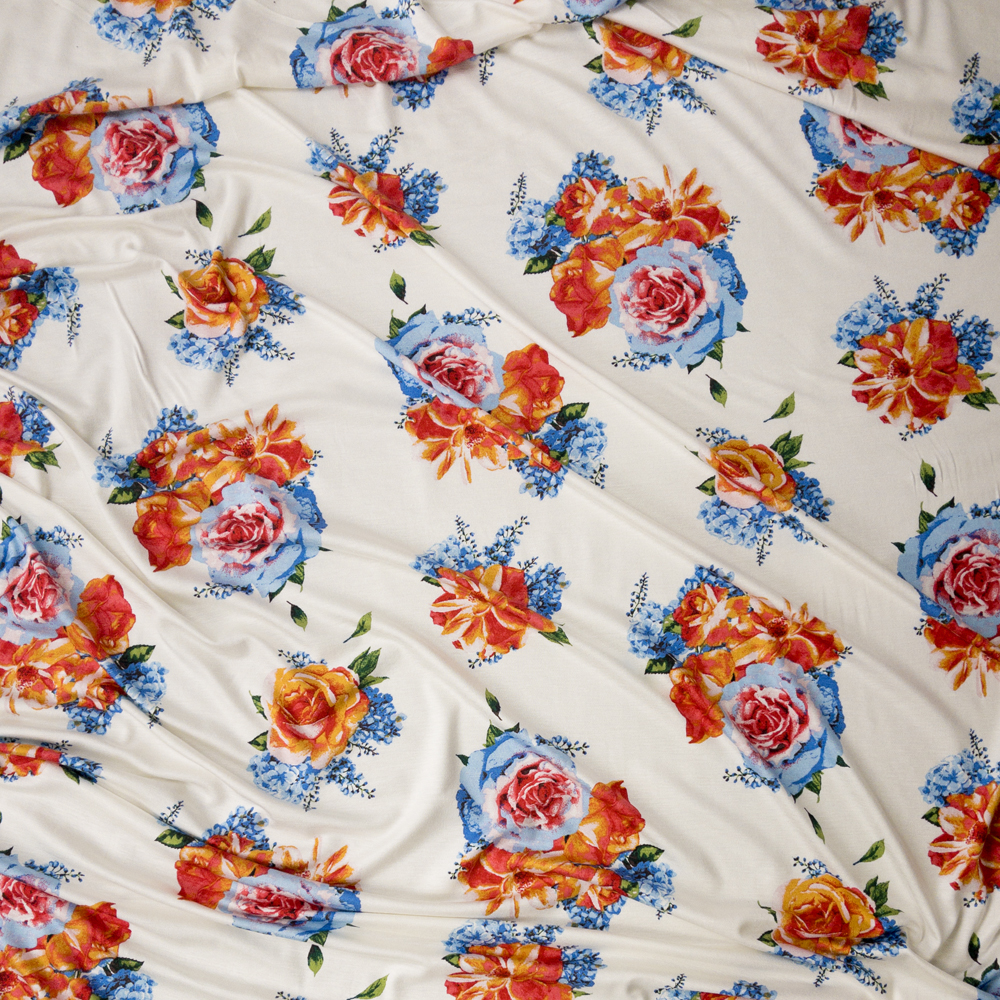 Blue And Orange Floral On Offwhite Designer Rayon Jersey #28294 Fabric By The Yard - Wide shot