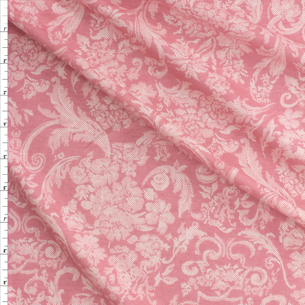 Offwhite Grunge Flowers And Scrollwork On Pink Designer Rayon Jersey #28296 Fabric By The Yard
