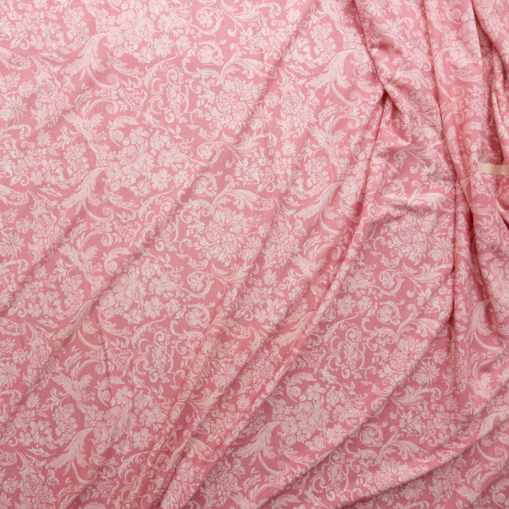 Offwhite Grunge Flowers And Scrollwork On Pink Designer Rayon Jersey #28296 Fabric By The Yard - Wide shot