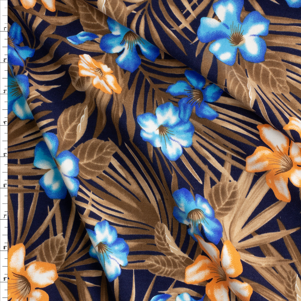Orange And Turquoise Island Floral On Navy Designer Cotton Spandex Jersey Knit #28299 Fabric By The Yard