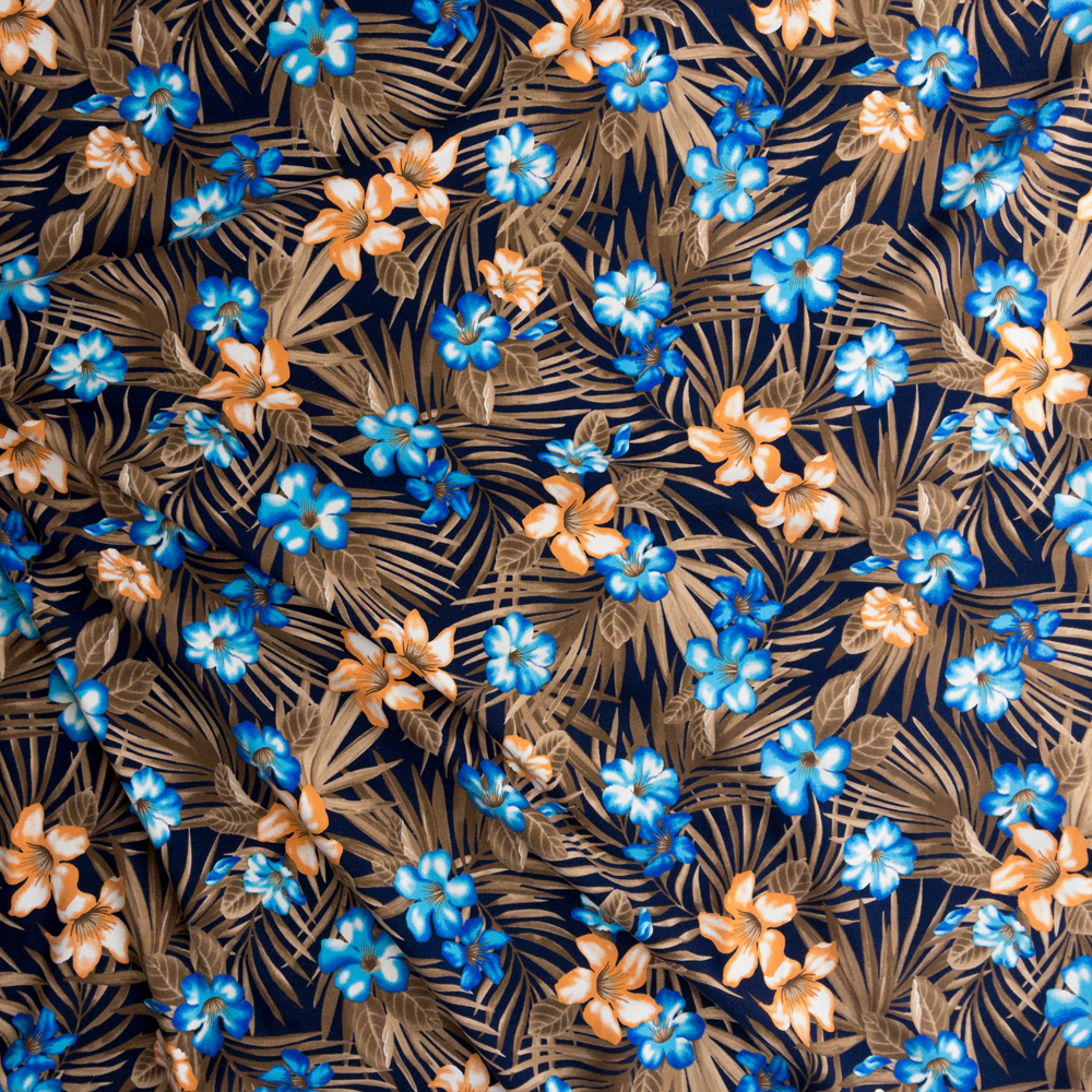 Orange And Turquoise Island Floral On Navy Designer Cotton Spandex Jersey Knit #28299 Fabric By The Yard - Wide shot