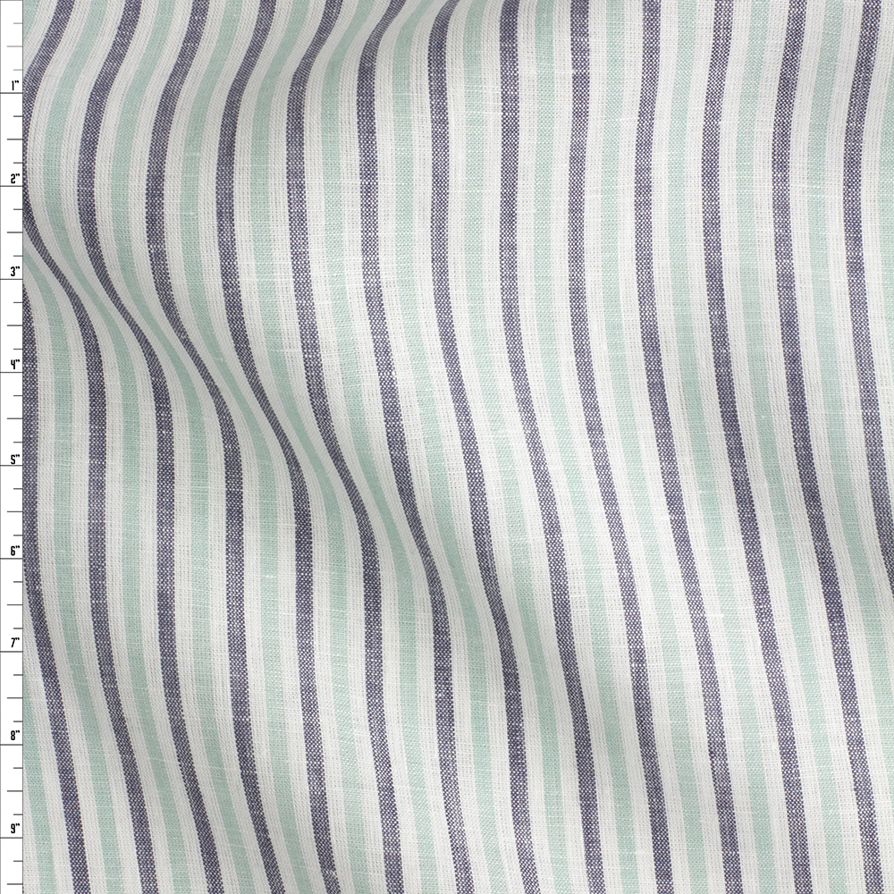 Mint, Navy, And White Vertical Stripes Katesbridge Irish Linen From Spence Bryson #28310 Fabric By The Yard