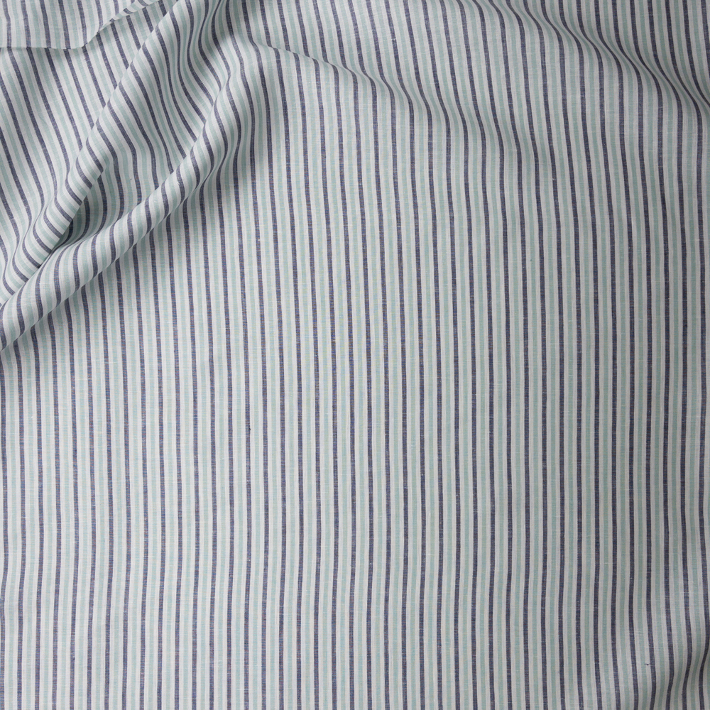 Mint, Navy, And White Vertical Stripes Katesbridge Irish Linen From Spence Bryson #28310 Fabric By The Yard - Wide shot