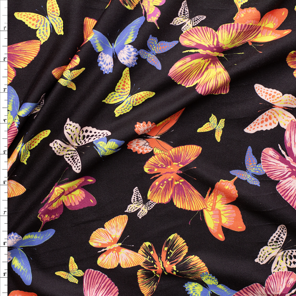 Butterfles On Black Double Brushed Poly/Spandex #28346 Fabric By The Yard - Wide shot