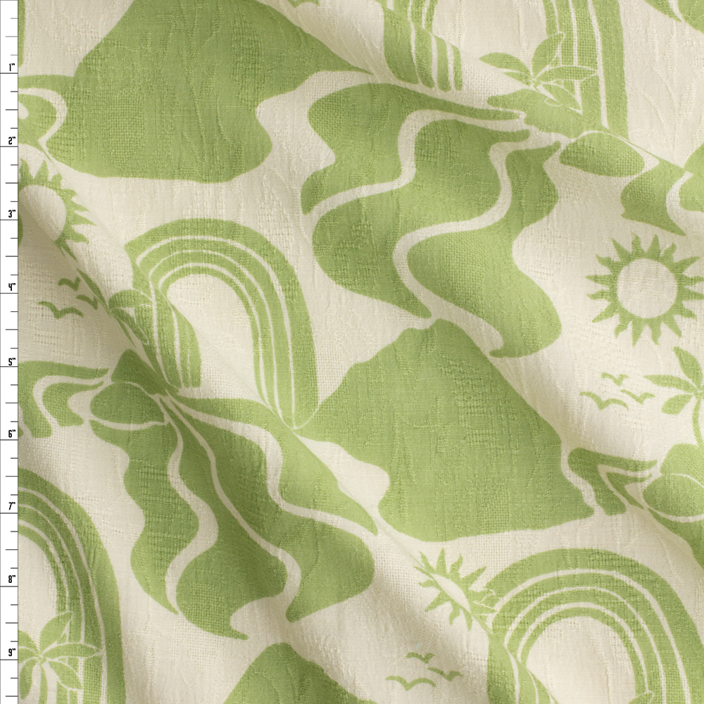 Avocado Green Rainbow Island On Ivory Cotton/Linen #28427 Fabric By The Yard