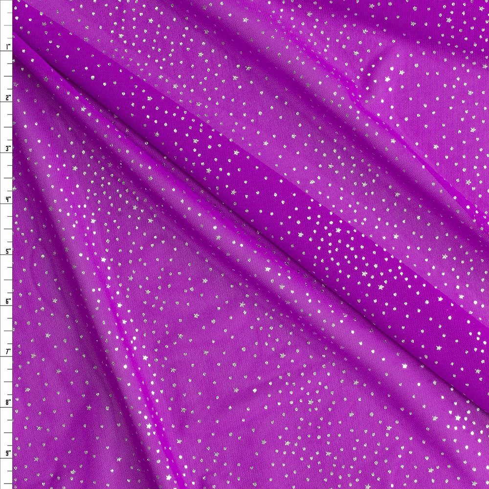 Silver Stars On Bright Purple Power Mesh #28431 Fabric By The Yard