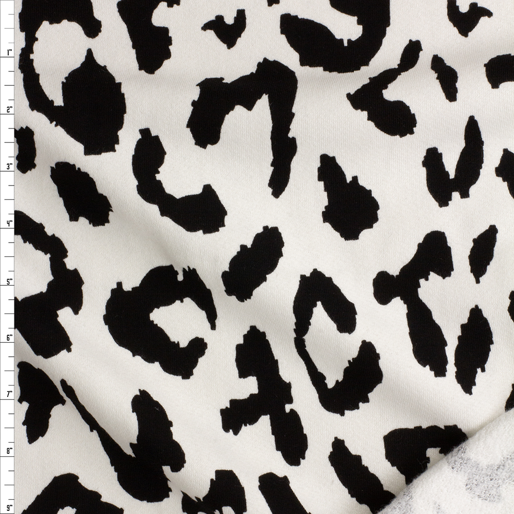 Black Large Leopard Print On White Cotton Sweatshirt Fleece #28448 Fabric By The Yard
