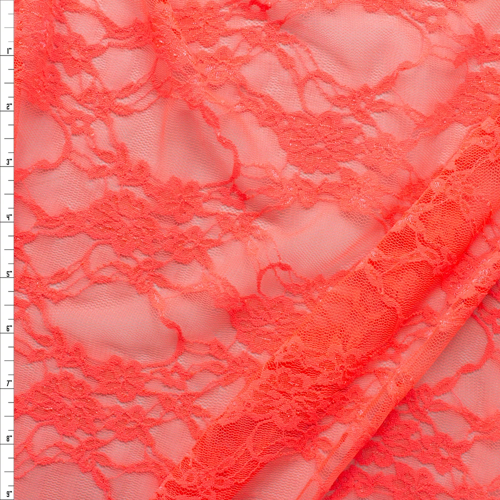 Neon Coral Floral Stretch Lace #28456 Fabric By The Yard