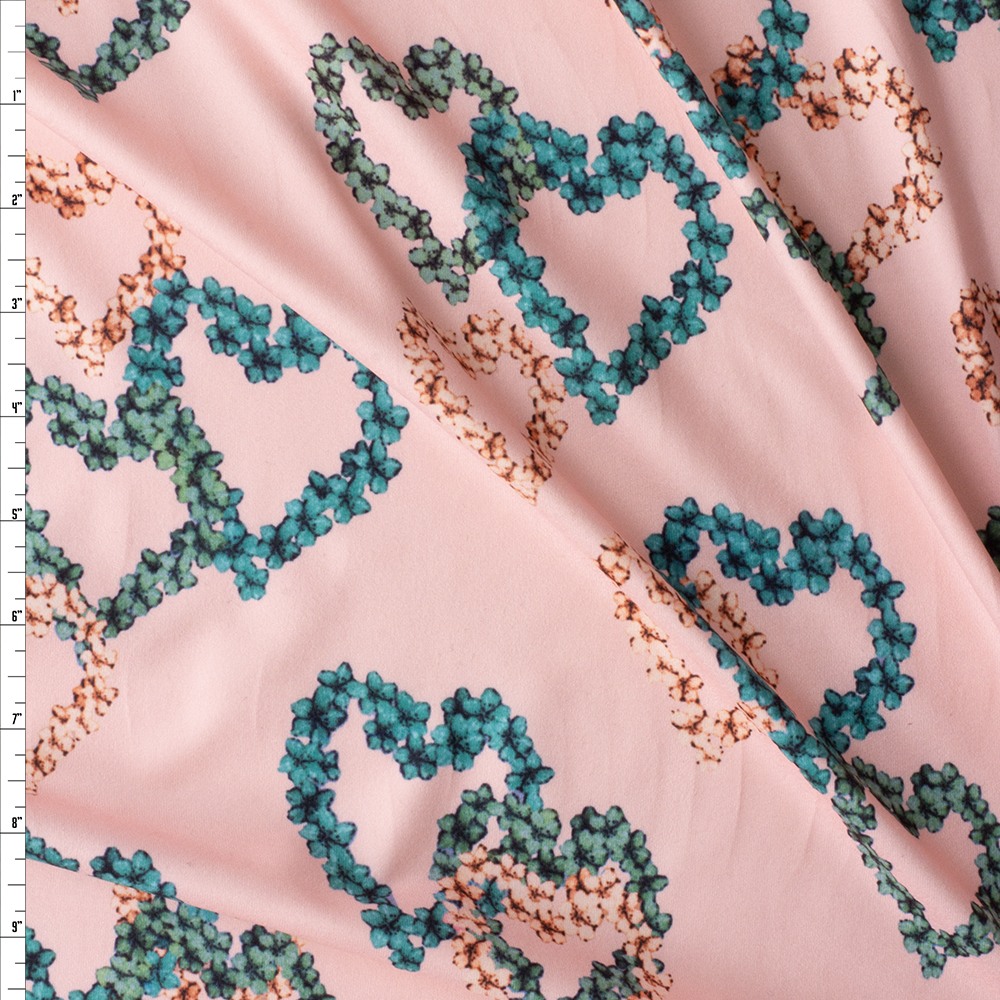 Emerald And Blush Heart Wreaths Double Brushed Poly/Spandex #28507 Fabric By The Yard