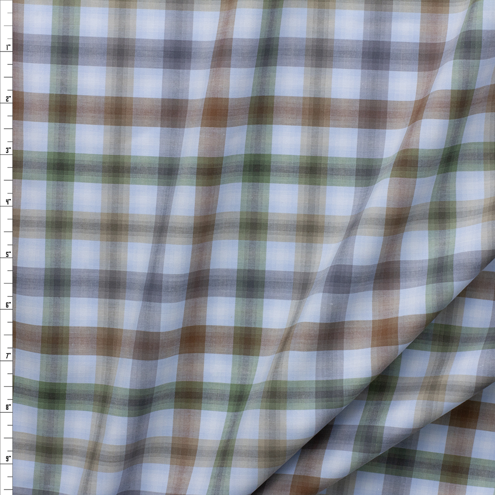 Light Blue, Brown, Olive, And Tan Plaid Fine Italian Shirting #28567 Fabric By The Yard