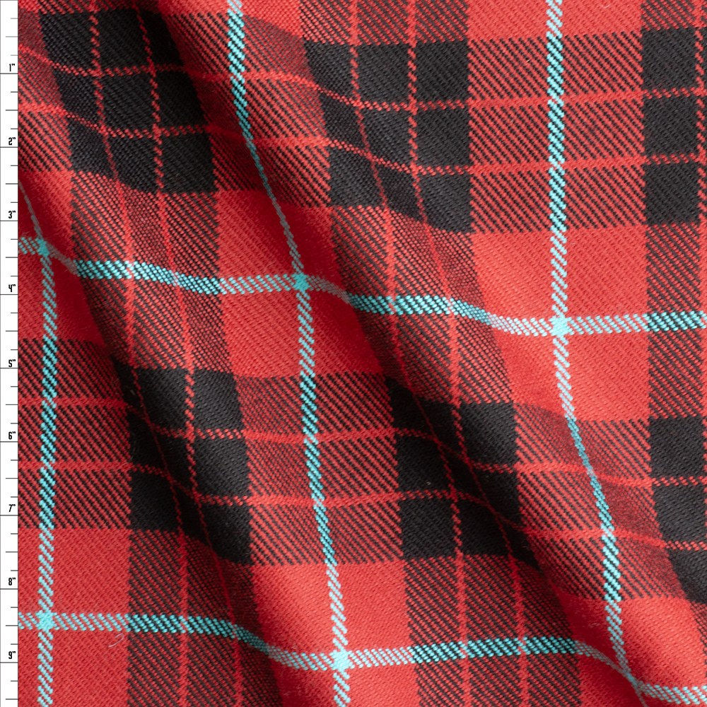 Red, Black, And Aqua Plaid Italian Twill Weave Wool #28597 Fabric By The Yard
