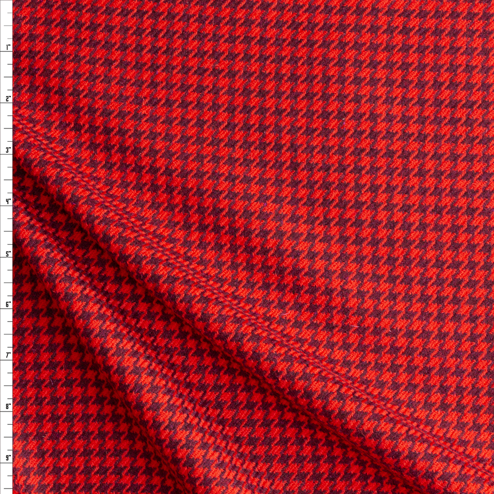 Red And Black Houndstooth Italian Twill Weave Wool #28603 Fabric By The Yard