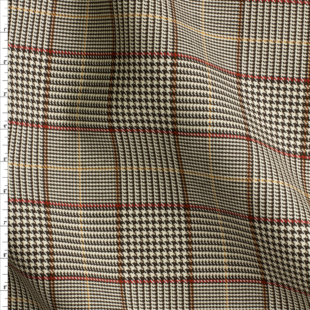 Tan, Red, And Black Houndstooth Plaid Italian Heavyweight Wool #28605 Fabric By The Yard