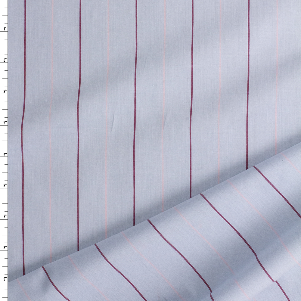 Pink And Wine Vertical Stripes On Pale Blue Fine Italian Shirting From Albini #28654 Fabric By The Yard