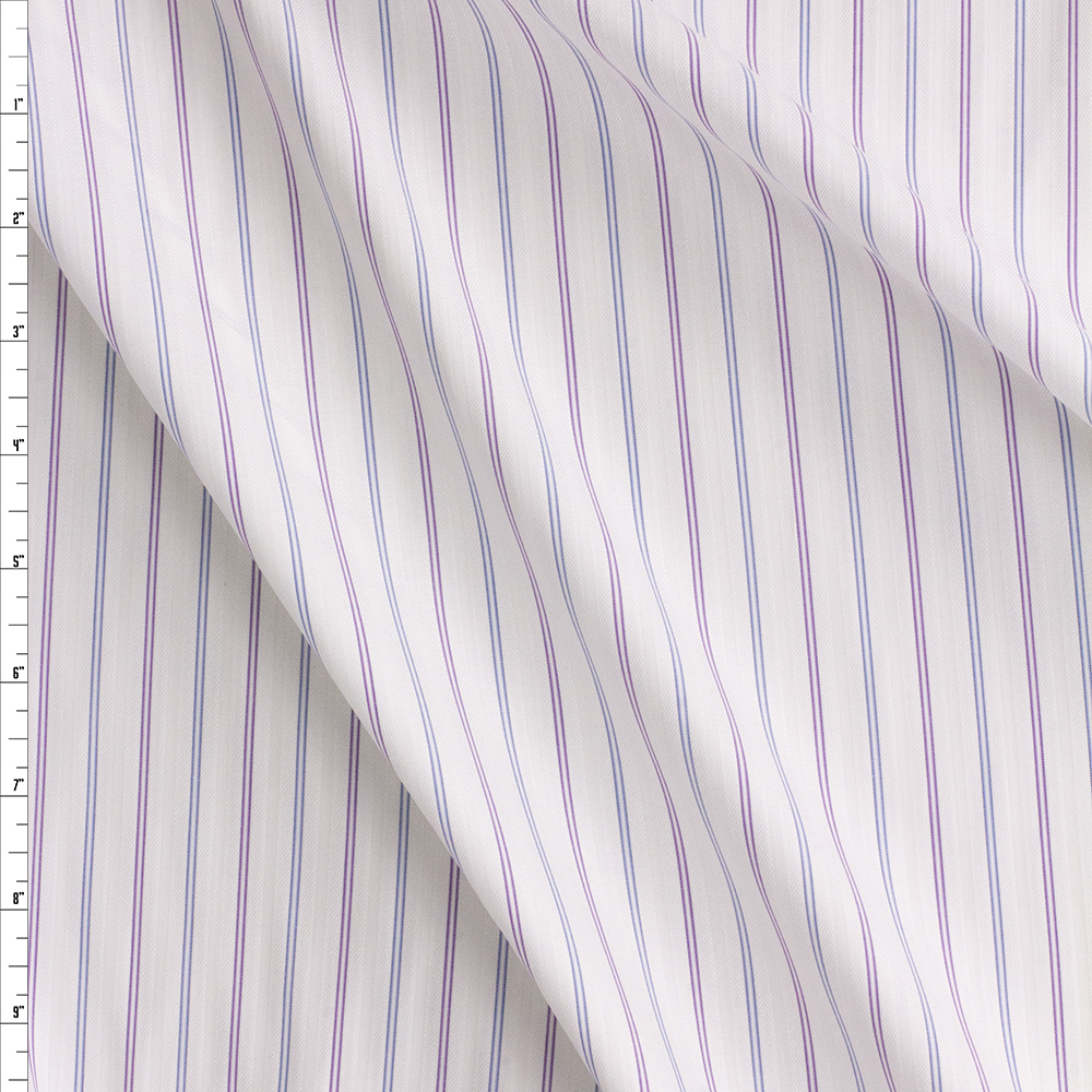 Purple And Blue Vertical Double Stripes On White Fine Italian Shirting #28680 Fabric By The Yard