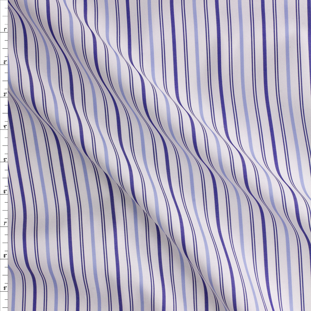 Indigo And Light Blue Vertical Stripe On White Fine Italian Shirting #28687 Fabric By The Yard
