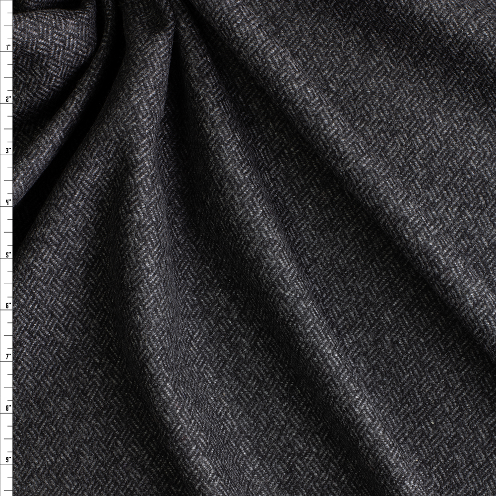 Charcoal Black Crosshatch Brushed Italian Wool #28774 Fabric By The Yard