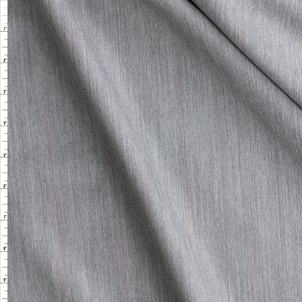 Silver Grey With Burgundy Pinstripes Italian Wool Suiting #28776 Fabric By The Yard