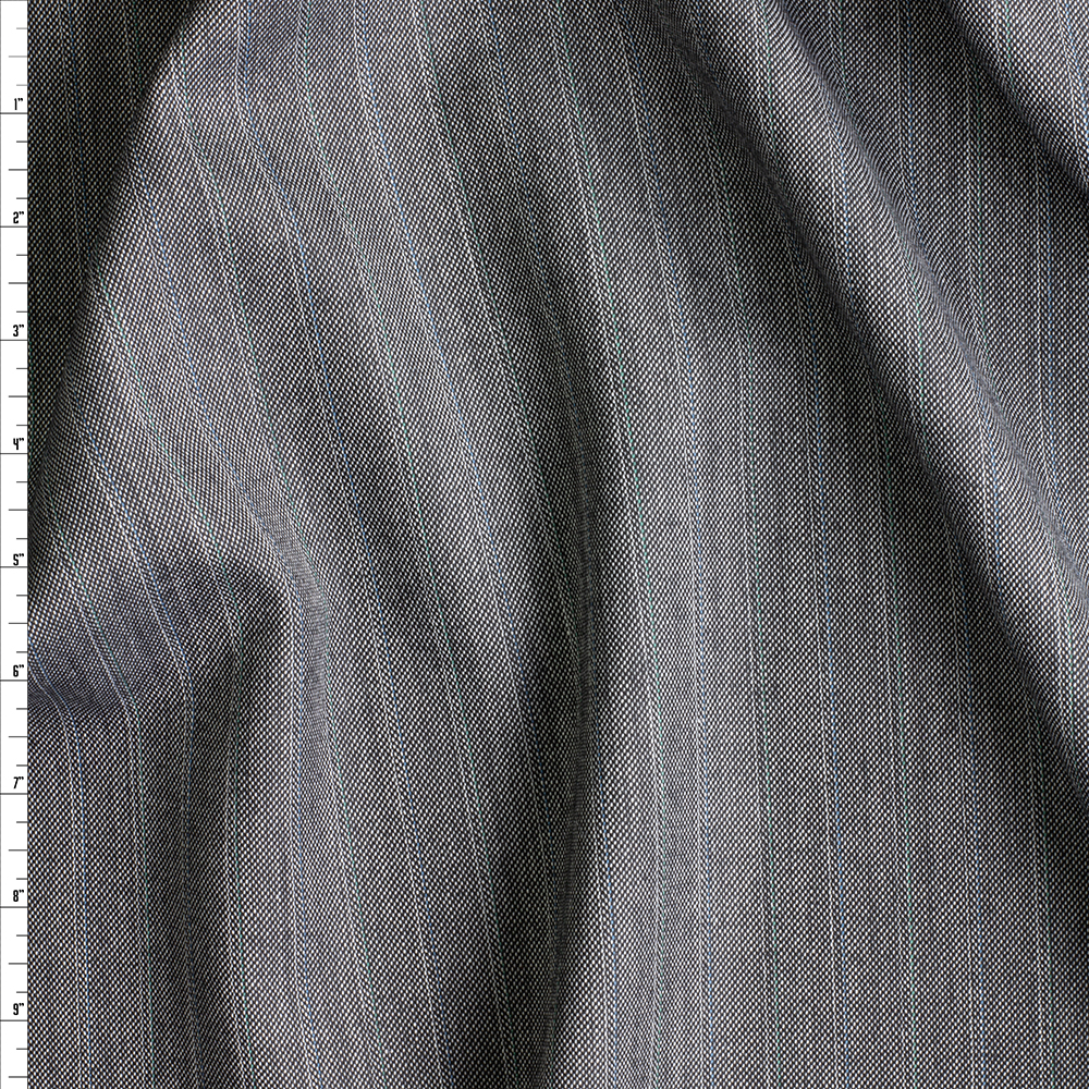 Charcoal With Green, Blue, And White Double Pinstripes Italian Wool Suiting #28781 Fabric By The Yard