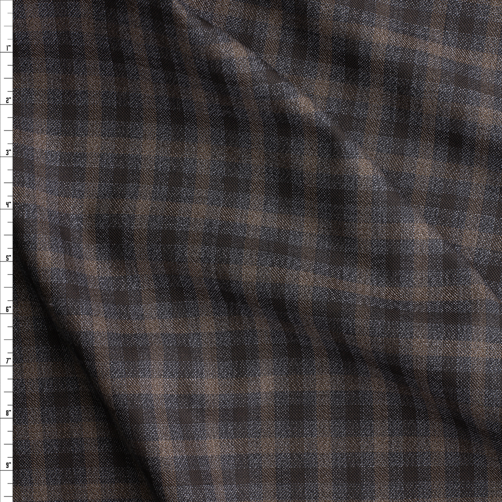 Tan, Brown, And Charcoal Plaid Italian Wool Suiting #28785 Fabric By The Yard