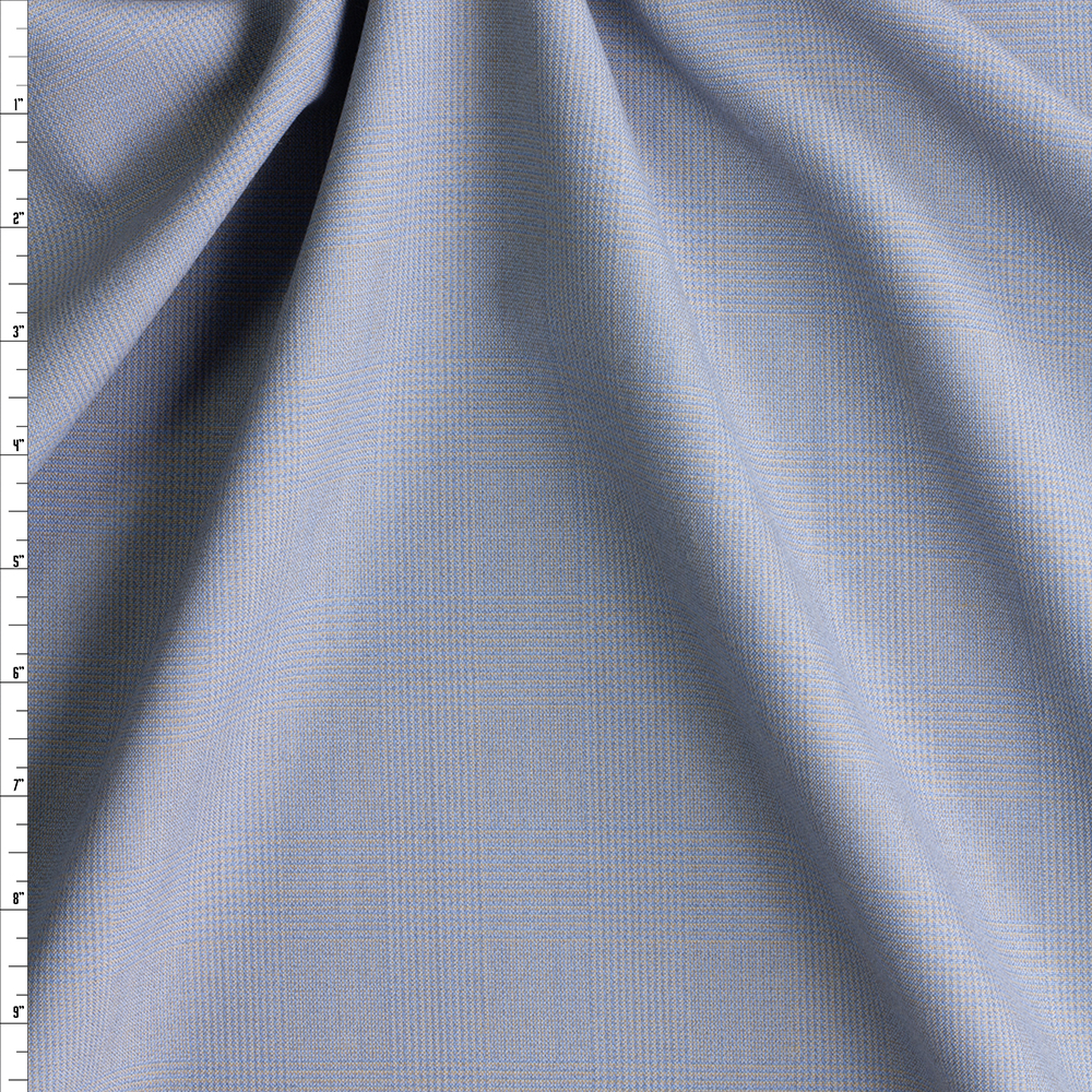 Sky Blue And Tan Glen Plaid Italian Wool Suiting #28788 Fabric By The Yard