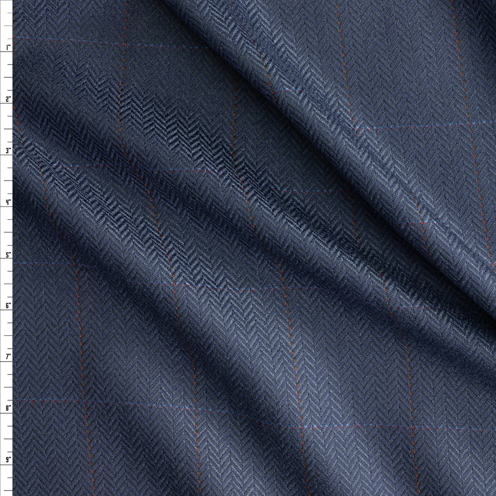 Wine Fine Plaid On Navy Brushed Herringbone Texture Italian Wool Suiting #28793 Fabric By The Yard