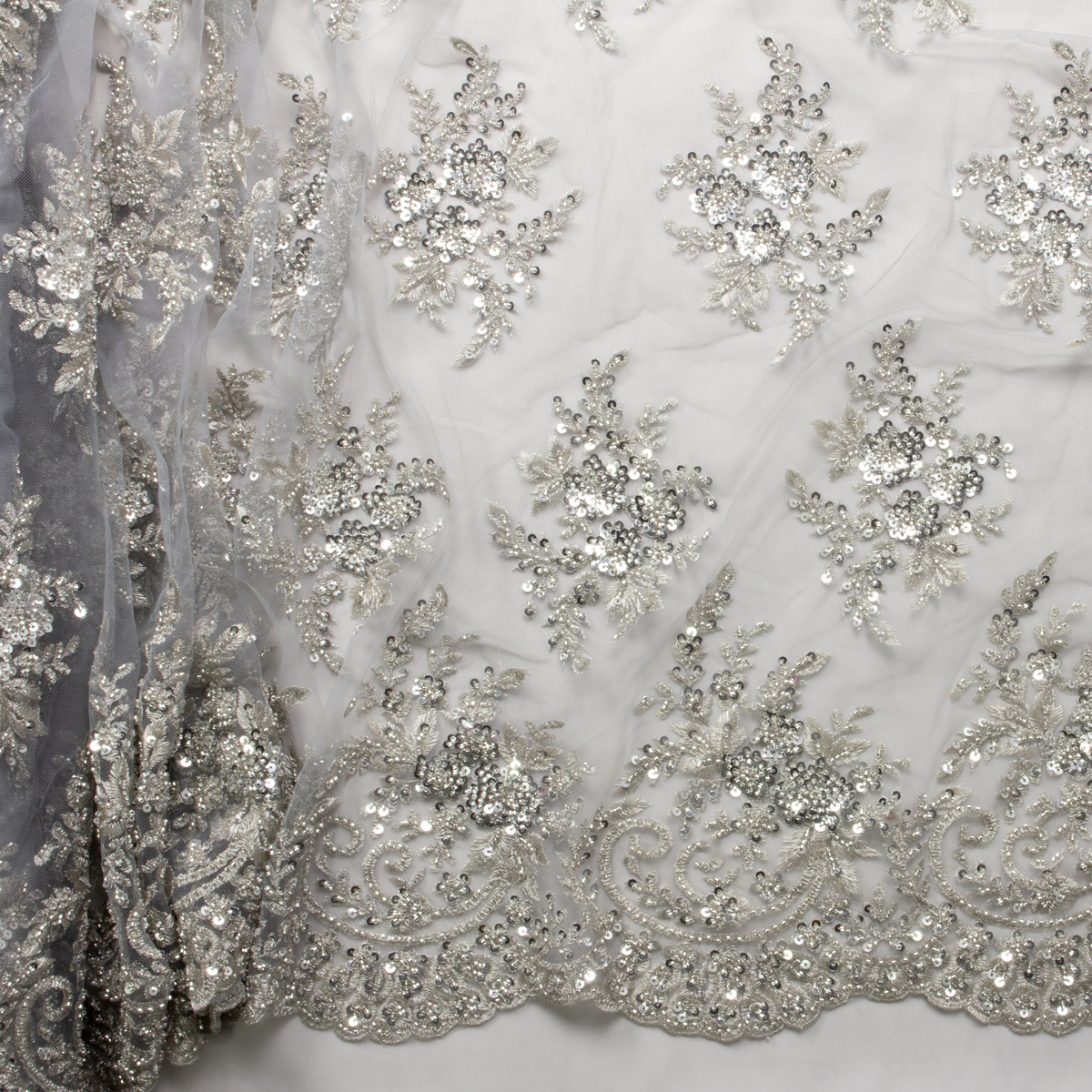 Silver Beaded Bridal Lace #28848 Fabric By The Yard - Wide shot