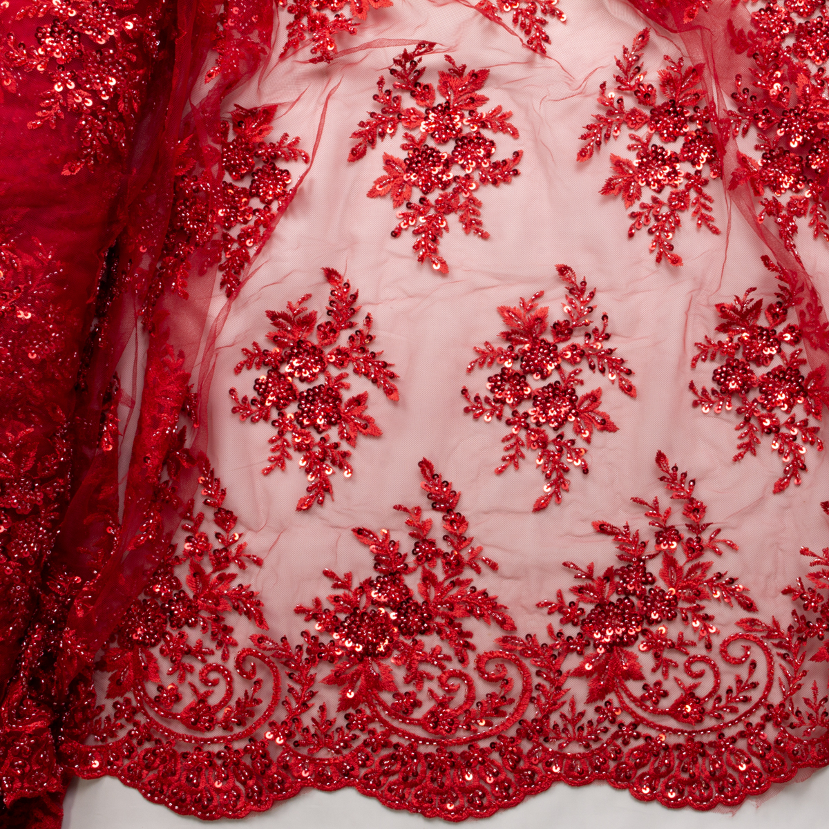 Red Beaded Bridal Lace #28857 Fabric By The Yard - Wide shot