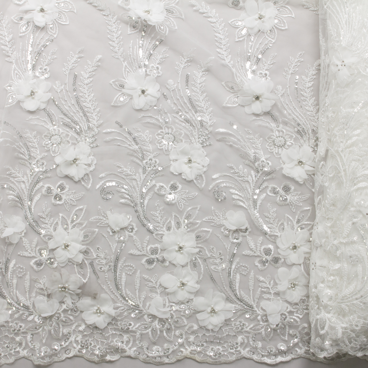 Off White Rhinestone Floral Beaded Bridal Lace #28860 Fabric By The Yard - Wide shot